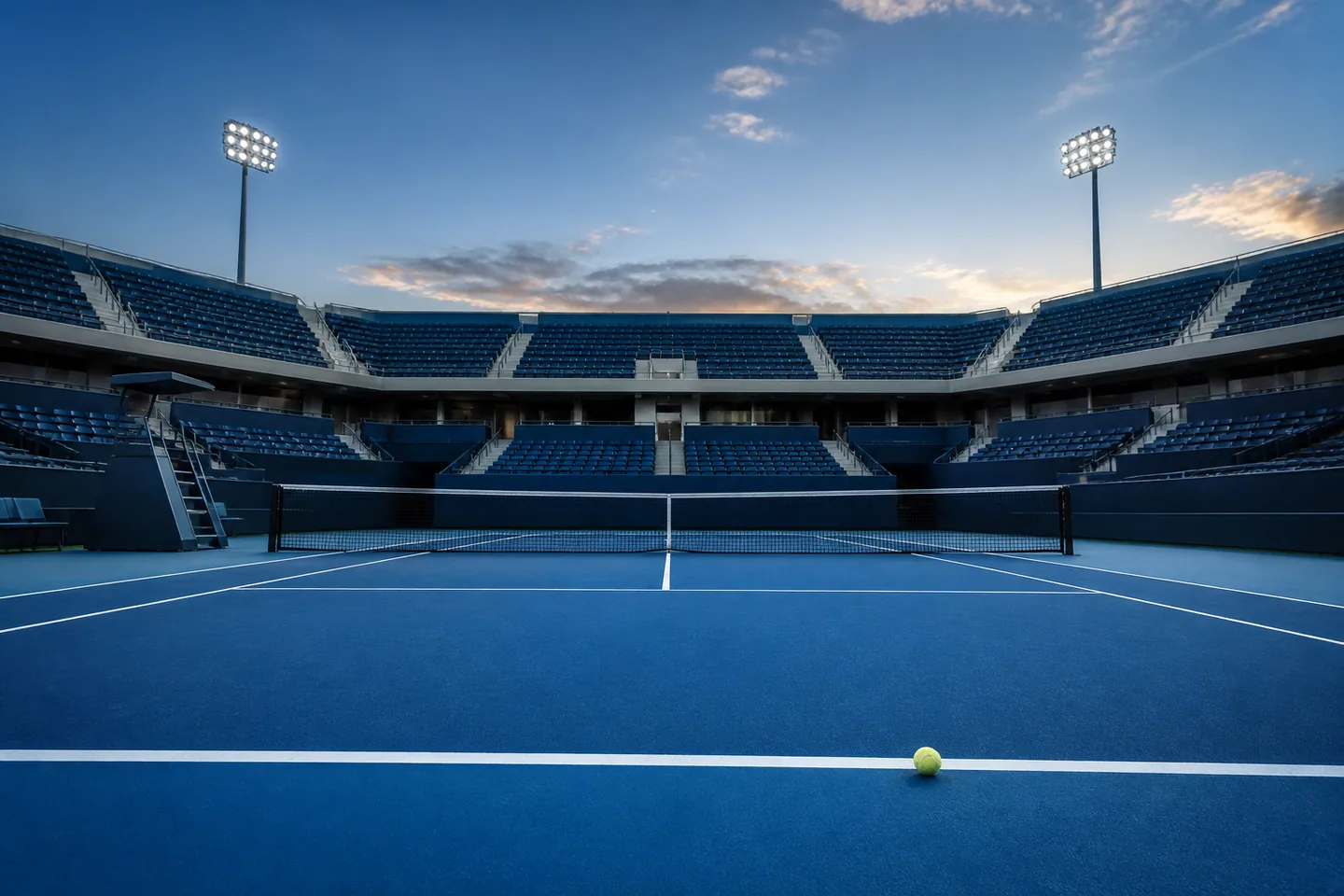Empty blue hard-court tennis stadium before an ATP match